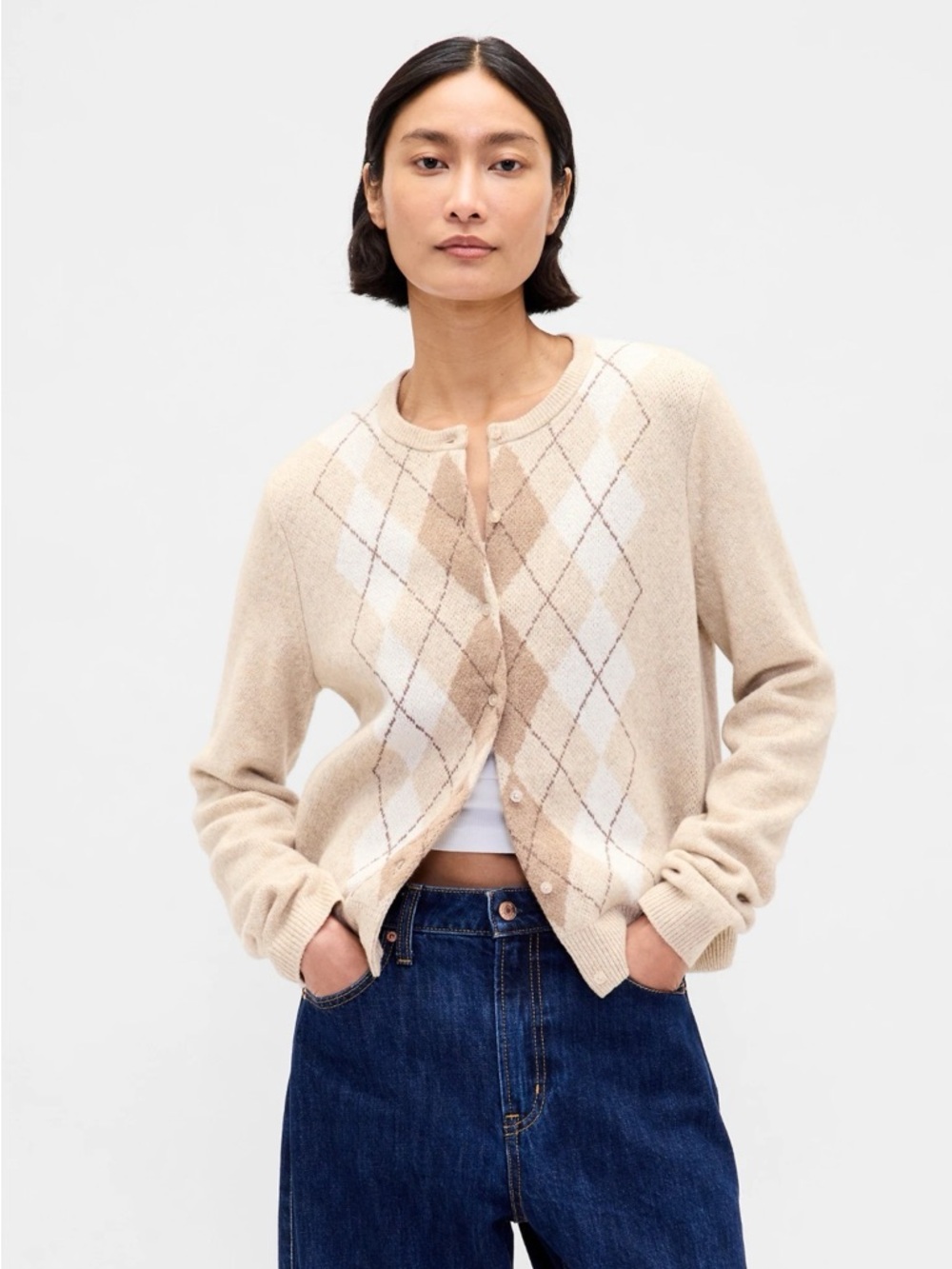 GAP Beige Argyle Preppy Academia Cotton Blend Lightweight Knit Cardigan Medium‎